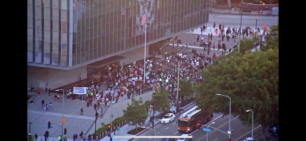 Protest at Pershing Square. A segment of the group began to take the intersection.  clear and provide dispersal order to the group.  Crowd began to throw rocks and bottles at ofcrs
