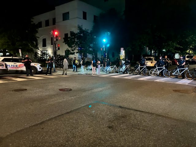 GW PRO-PALESTINE ENCAMPMENT GETS RAIDED. These are the people who have cleared out from U Yard.  gathering at 21st and H Sts NW. MPD (assisted by other agencies) is moving in on the Pro-Palestine protesters at George Washington University in Washington, D.C.