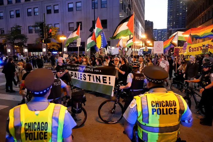 Hundreds of pro-Palestinian demonstrators in the U.S. confronted a police line in a tense standoff with officers outside the Israeli consulate after the second night of the DNC in Chicago.