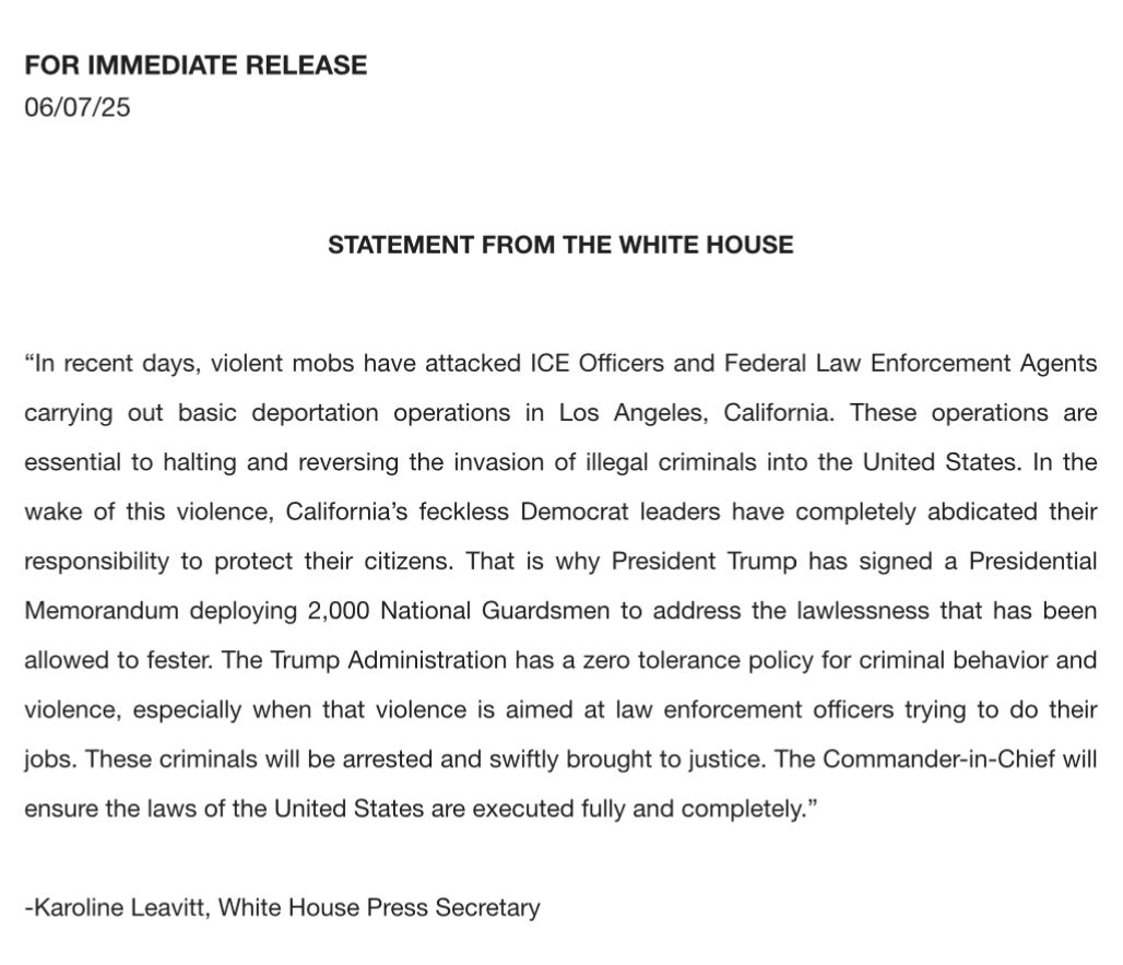 The White House confirms that President Trump has signed a presidential memorandum to deploy 2,000 National Guardsmen