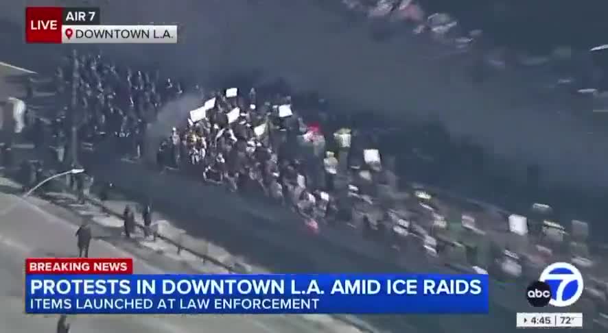 The California Highway Patrol's Special Response Team (CHP-SRT) has arrived at the site of the demonstration on the 101 Freeway, deploying tear gas and other less-lethal means to clear the crowd from the highway and onto a nearby exit ramp in Downtown Los Angeles.