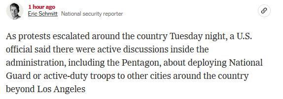 The New York Times reports that there are now active discussions about deploying National Guard or active-duty troops to other cities around the country beyond Los Angeles