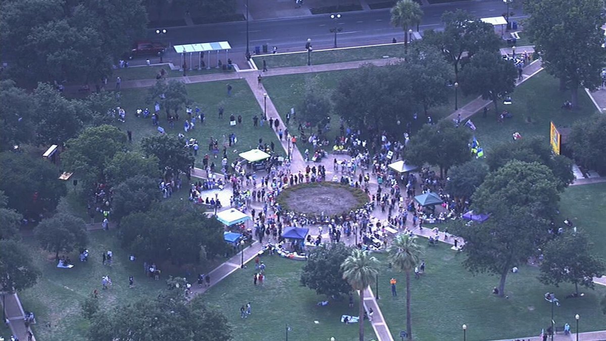 Travis Park as hundreds of protesters start to gather ahead of today's planned 'No Kings' protest